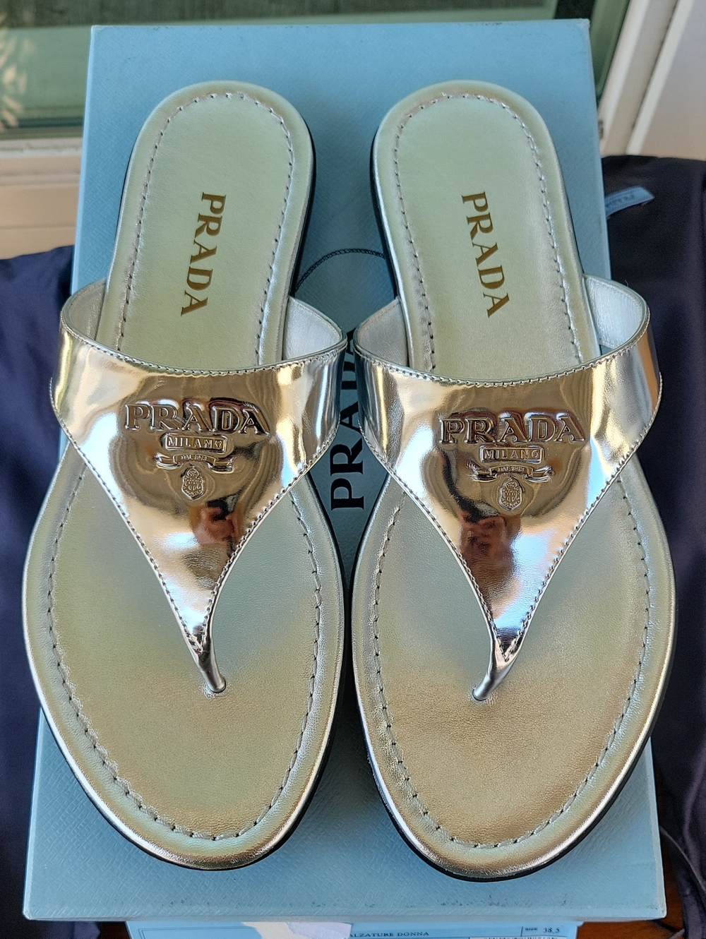Prada Metallic Silver Logo Thong Sandals